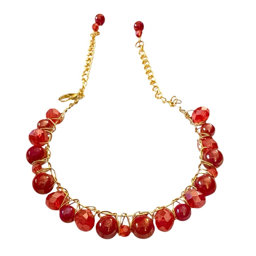 Austrian Crystal Beaded Handwired Bangle Bracelet with Extender Chains in Reds